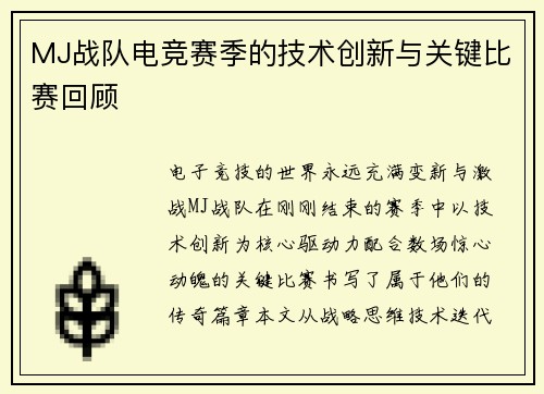 MJ战队电竞赛季的技术创新与关键比赛回顾