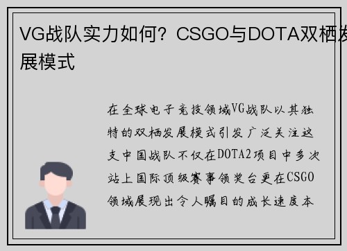 VG战队实力如何？CSGO与DOTA双栖发展模式
